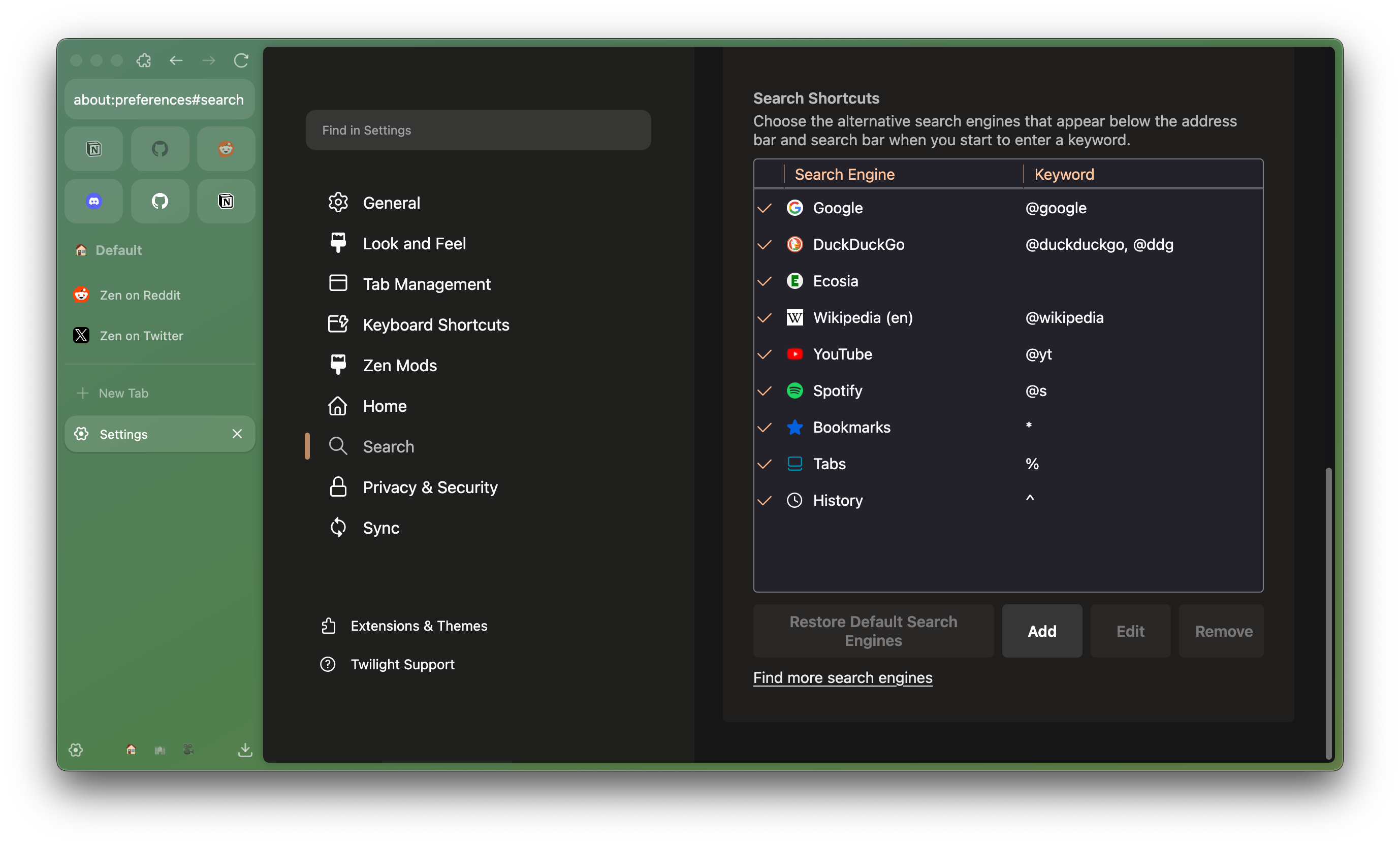 Search Shortcuts Menu