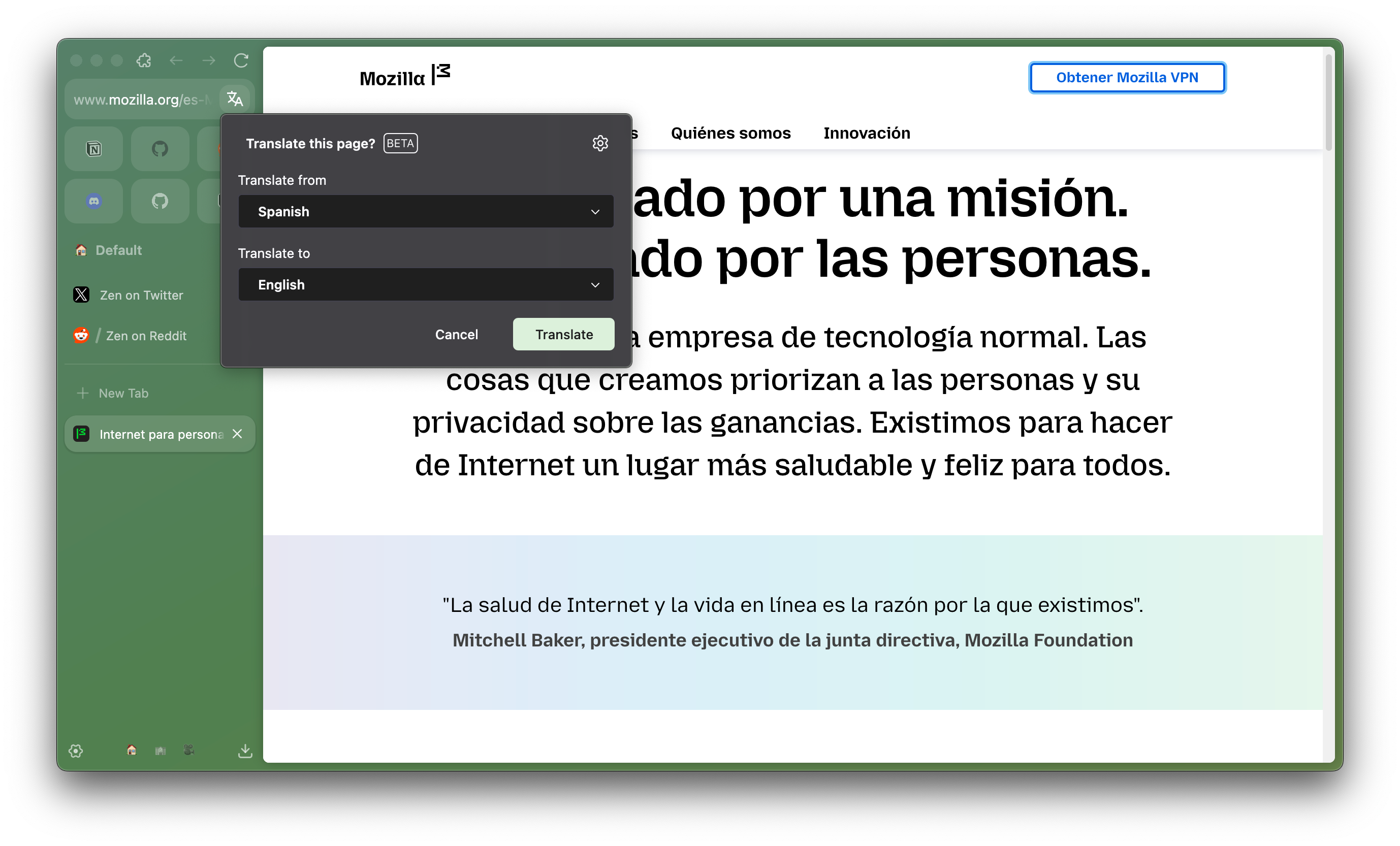 Translation Panel Popped Up